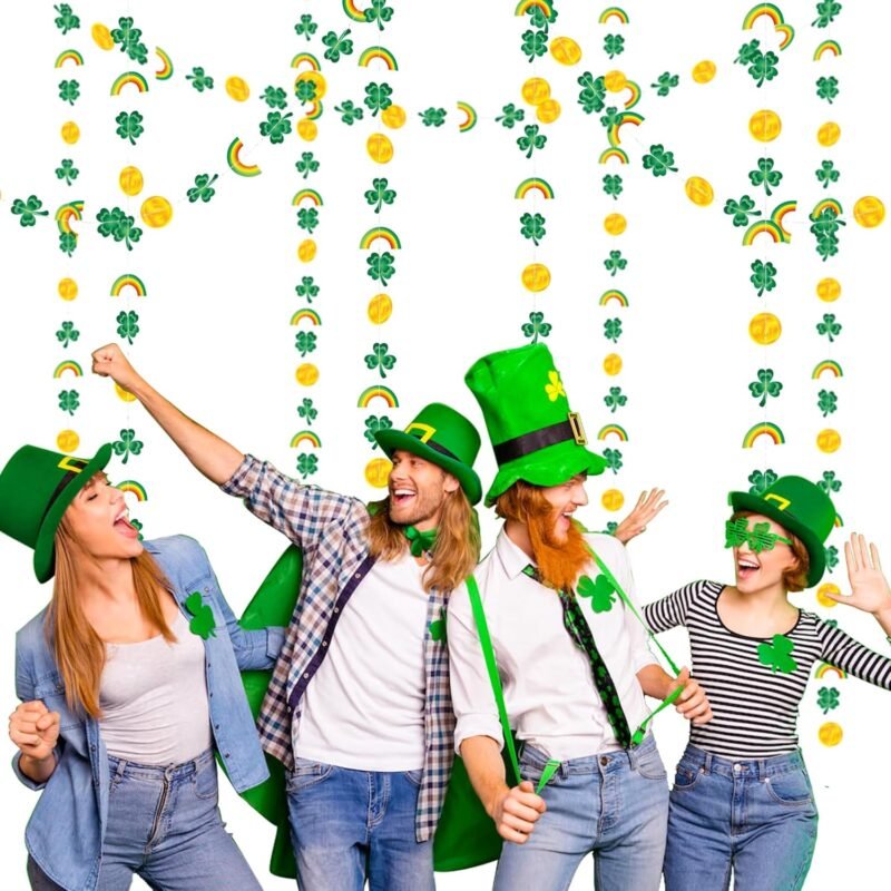 Cheerland St Patrick’s Day Garland Green Gold Clover Rainbow Gold Coin Shamrock Charm Backdrop Decoration fFor St Patricks Day Theme Birthday Irish Party Supplies - Pack of 4