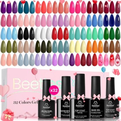 Beetles Gel Nail Polish Set 36 PCS- Spring Sumer Pastel Colors with Base Top Coat Pink Green Blue Purple Black White Burgundy Red