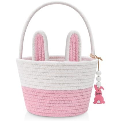 Easter Baskets for Kids, Pink Large Woven Rope Bunny Personalized Easter Basket Empty with Handle, Basket Name Tag, Baby Egg Easter Baskets for Girls, Boys, Toddler, Babies, Infant, Easter Gifts