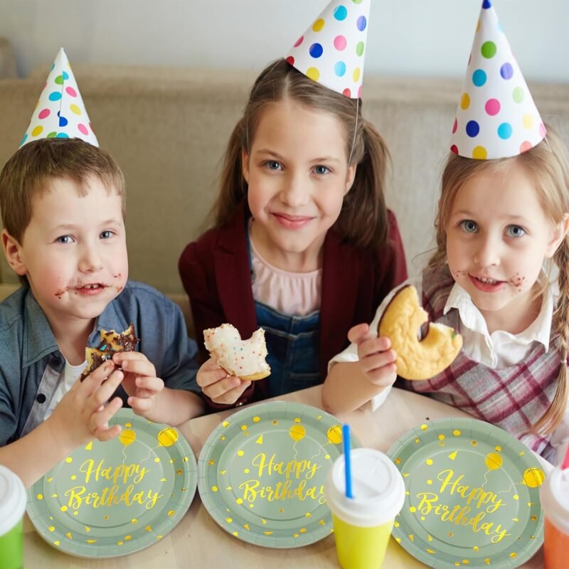 72PCS Happy Birthday Paper Plates - Sage Green and Gold Tableware Set Include 7Inch Paper Plates 6.5 Inch Napkins and 6.3 Inch Forks Disposable Decoration Supplies for Birthday Party,Serve 24 - Image 7