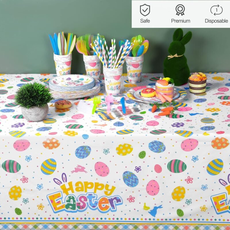 durony 194 Pieces Easter Colorful Tableware Set Dinnerware Bundle Including Paper Plates Cups Napkins Straws Plastic Cutlery Tablecloth for Easter Party Supplies Decorations, Serves 24 Guests - Image 5