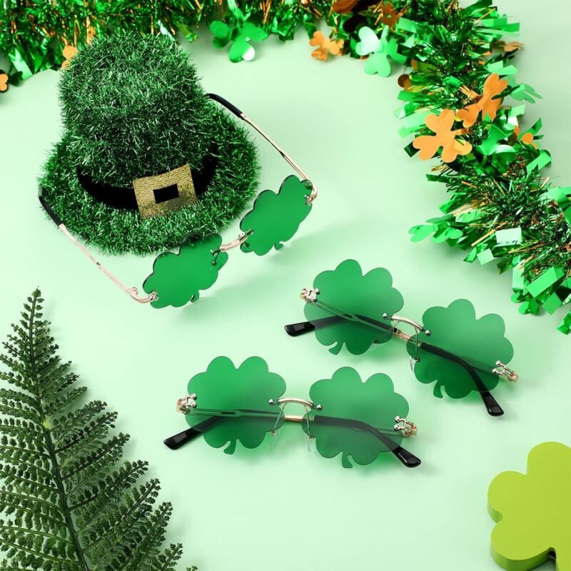 3 Pairs St. Patrick's Day Glasses Irish Shamrock Sunglasses Rimless Leprechaun Costume Glasses Green Four Leaf Clover Glasses for Women Men Disco Rave Party Gift Accessories - Image 6