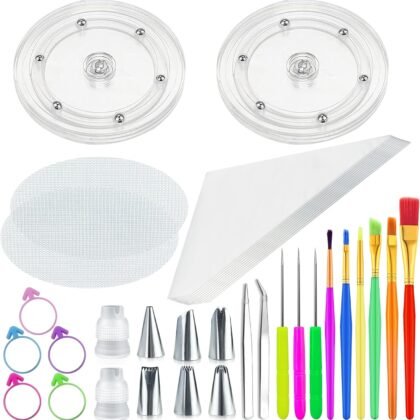 56 PCS Cookie Decorating Kit Supplies Including Acrylic Cookie Turntable Cookie Decoration Brushes Cookie Scribe Needle Piping Bags Icing Tips for Cookie Cupcake Cake Decoration
