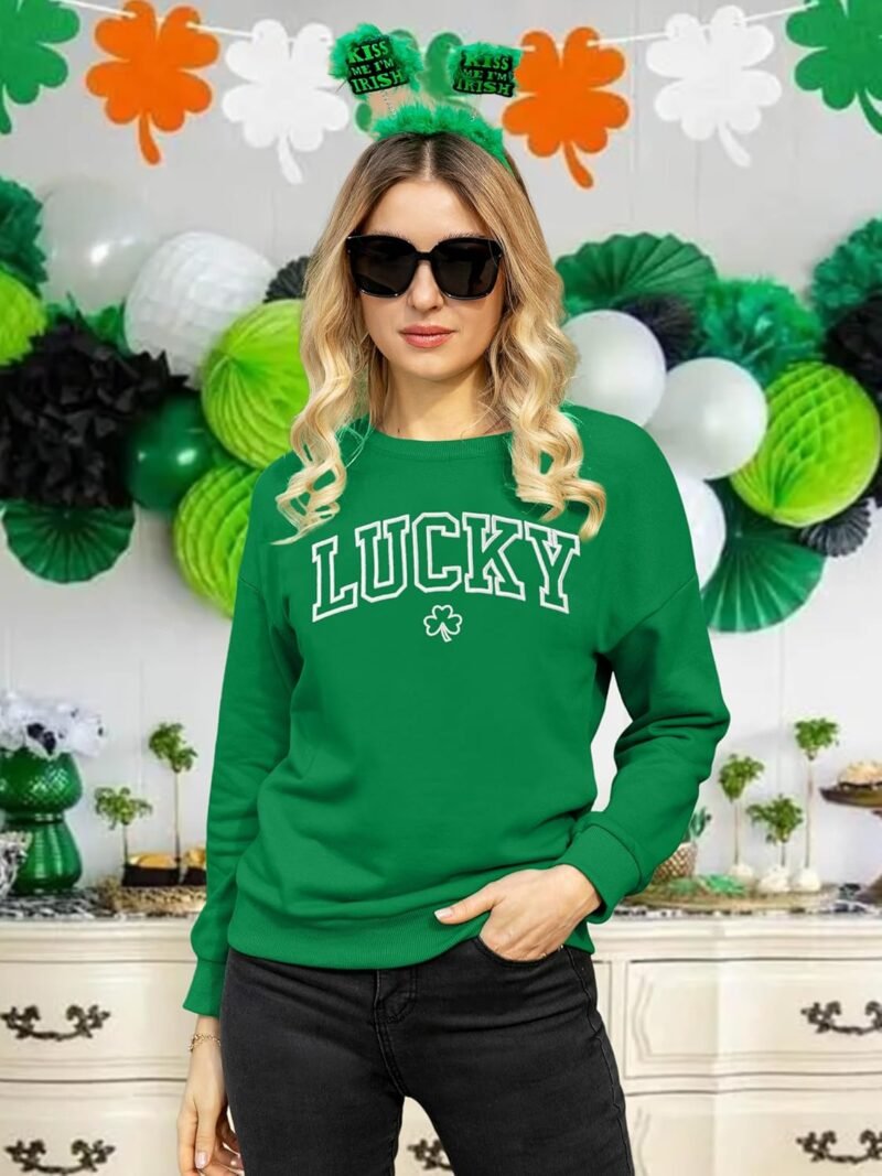 VVNTY St. Patrick's Day Sweatshirt for Women: Embroidered Lucky Shamrock Graphic Tee Shirts Paddy's Day Pullover Tops - Image 5