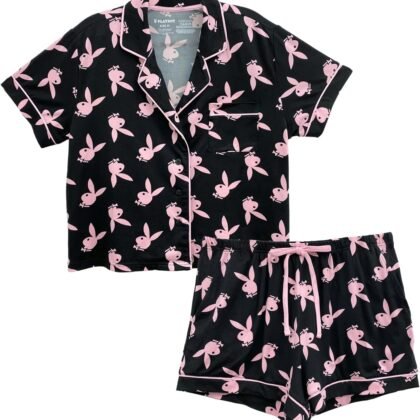 Playboy Women's Amazon Exclusive Pajama Lounge Silky Satin, Jersey & Cotton Fabrications, Super Soft Set-Black w/Pink Bunny Toss