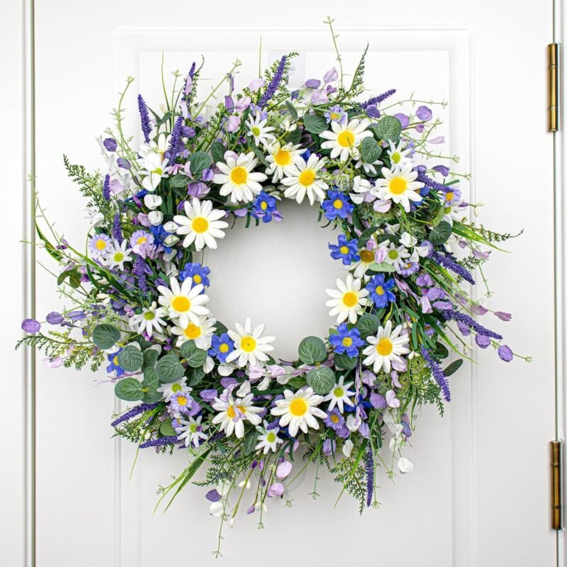 22 Inches Spring Wreaths for Front Door Blue Spring Door Wreath Summer Floral Wreath with Wildflower Lanvender for Wall Porch Indoors Outdoor Window Home Decorations - Image 6