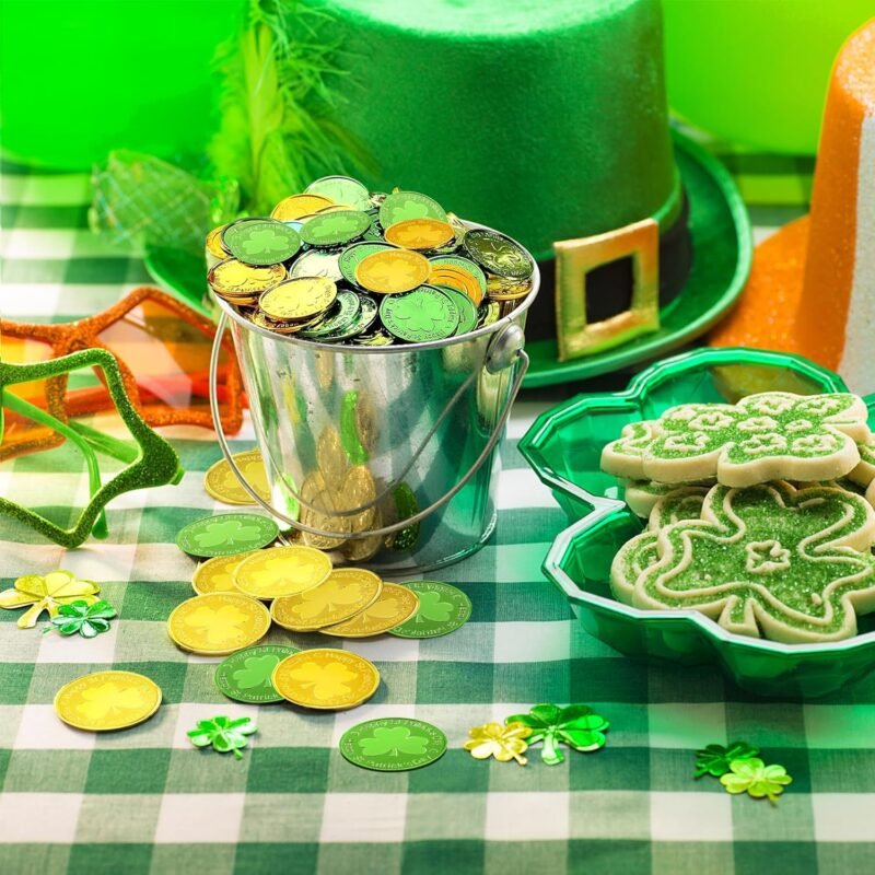 OHOME Gold Coins St Patricks Day - 120 Pieces Shamrock Plastic Coins Green and Gold St. patrick's Day Accessories for St Patricks Day Decorations Birthday Crafts Party Favors | St Patricks Day Decor - Image 6