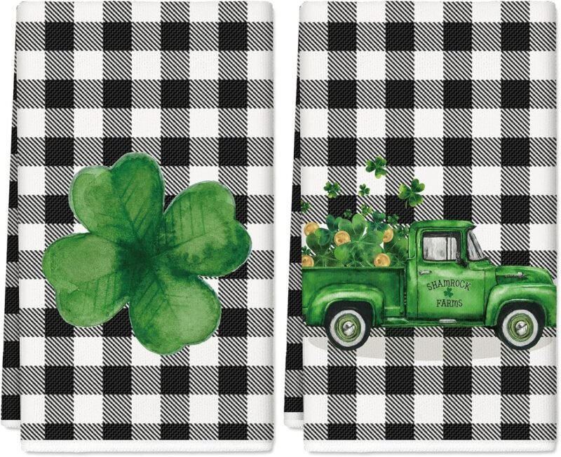 AnyDesign St. Patrick's Day Kitchen Towel Shamrock Clover Truck Dish Towel 18 x 28 Inch Black White Buffalo Plaid Hand Drying Tea Towel for Cooking Baking Party Supplies, 2Pcs
