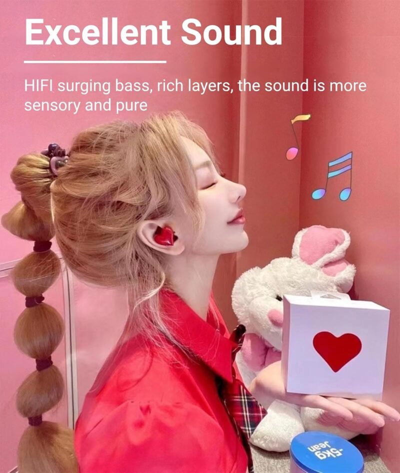 Jectse Earbuds, Heart Shaped Bluetooth Headphones Noise Canceling Stereo in Ear Light Weight Earphones Cordless Earphone for Sports - Image 3