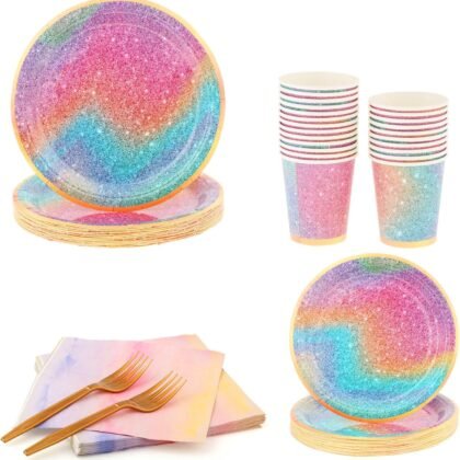 120 Pieces Pastel Starry Disposable Party Tableware Set, Party Supplies Cutlery Plates Cups Napkins Forks Serveware for Birthday Parties, Wedding, Baby and Bridal Shower, 24 Guests