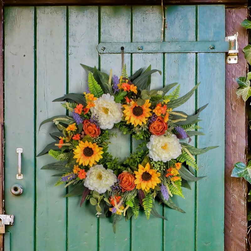 Kmise Spring Wreath Fall Decor Wreath for Front Door-22 Inch Summer Peony Eucalyptus Wreaths for Front Porch Farmhouse Home Decor - Image 2