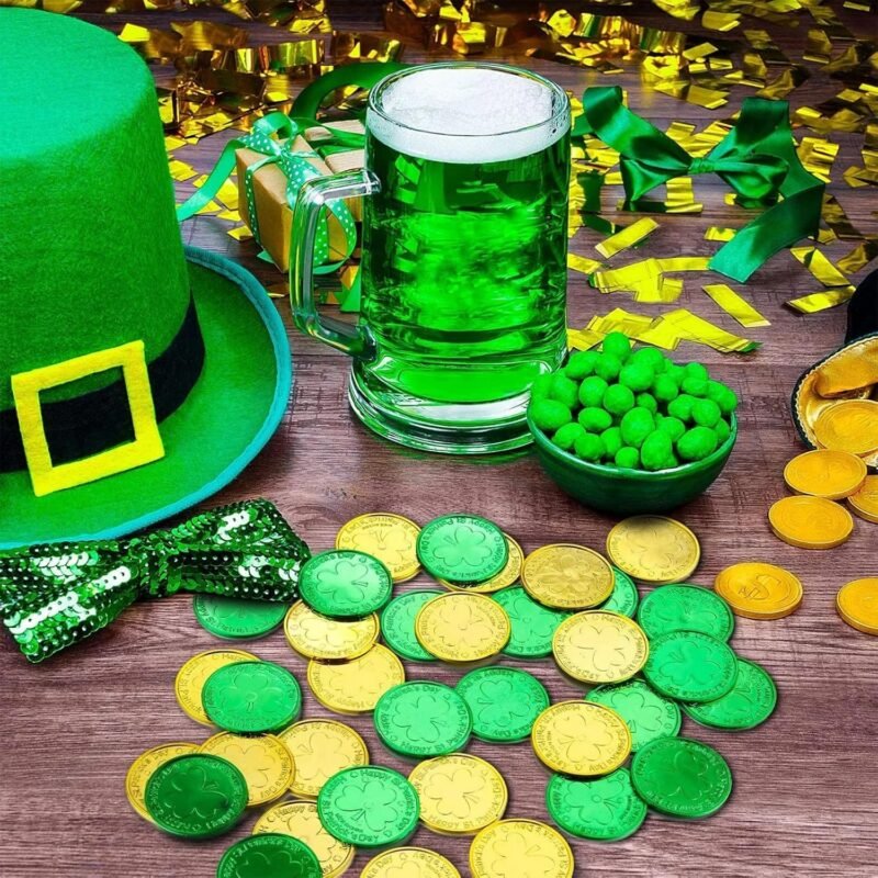 120 Pieces St. Patrick's Day Shamrock Gold Coins, Plastic Clover Coins for Party Decorations, Saint Patty's Day Decor Favors (Gold & Green) - Image 3