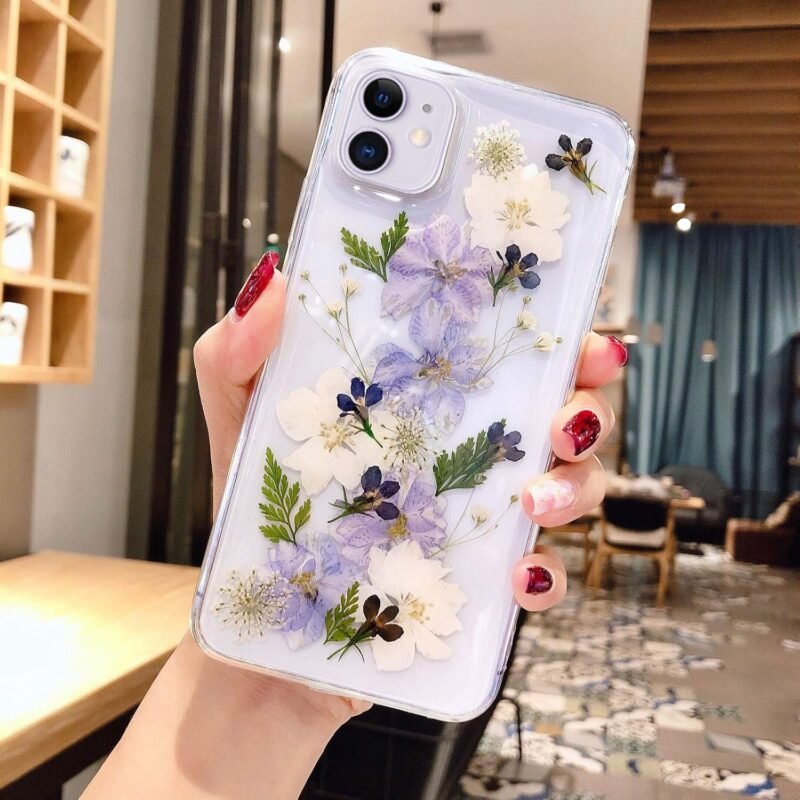 Abbery for iPhone 11 Flower case, Cute Clear Soft TPU Flexible Rubber Pressed Dry Real Flowers Case Blue White Flower Case for iPhone 11 (Navy Flower) - Image 3