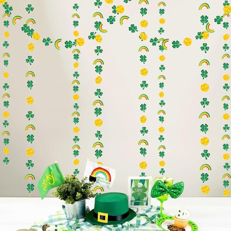 Cheerland St Patrick’s Day Garland Green Gold Clover Rainbow Gold Coin Shamrock Charm Backdrop Decoration fFor St Patricks Day Theme Birthday Irish Party Supplies - Pack of 4 - Image 7