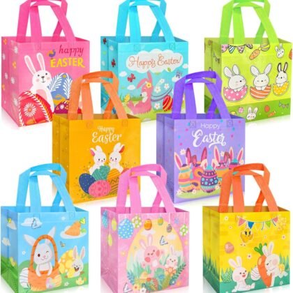 Yibindada 8 PCS Easter Gift Bags, Easter Baskets with Handle, Reusable Easter Treat Bags, Non-Woven Easter Goodie Bags for Egg Hunt Candy Easter Party Supplies