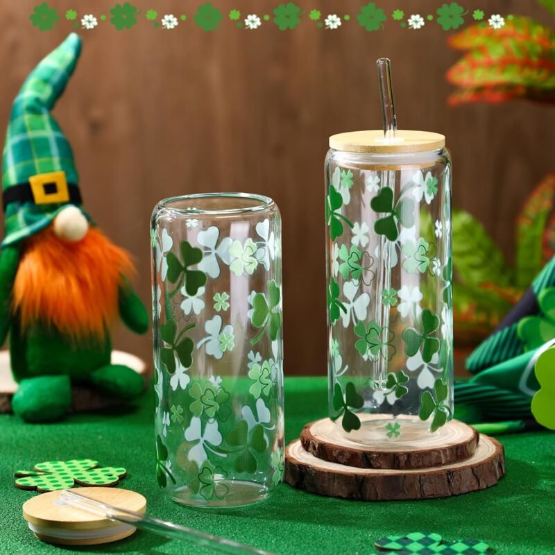 Maxcheck 2 Pcs 20 Oz Ice Coffee Cup Drinking Glasses Cup Beer Glass Iced Coffee Glasses with Bamboo Lids Glass Straw and Cleaning Brushes for Cocktail Beer Soda (St. Patrick's Day) - Image 5