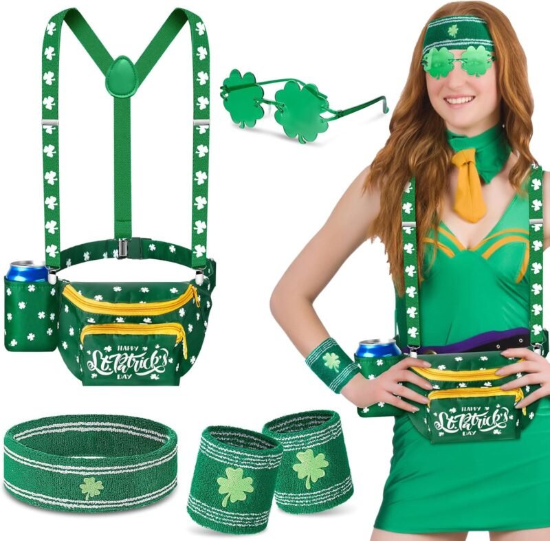 7 Pcs St Patrick's Day Costume Accessories Shamrock Outfit Irish Fanny Pack with Drink Holder Green Adjustable Suspender Sweatband Sunglasses Wristband St Patty's Gift for Women Dress up