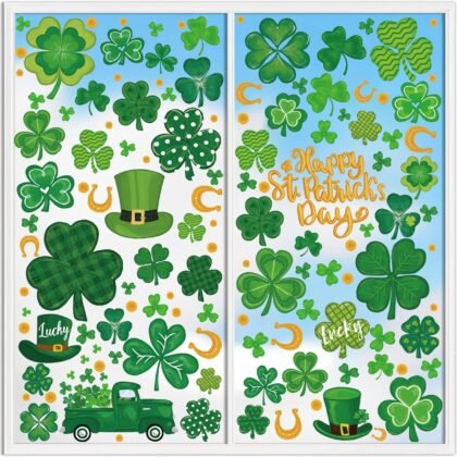 XZENTIRA 141 PCS St Patricks Day Window Clings, Watercolor Irish Saint Patricks Day Spring Window Stickers, 8 Sheets Shamrock Decorations Decals for Home School, Office, Spring Party, Glass Windows