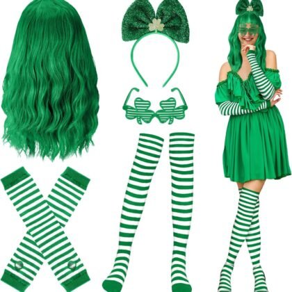 Geyoga 6 Pcs St. Patricks Day Costume Accessories Set Green Wigs for Women Clovers Glasses Shamrock Headbands Leprechaun Irish Thigh High Socks Sleeves