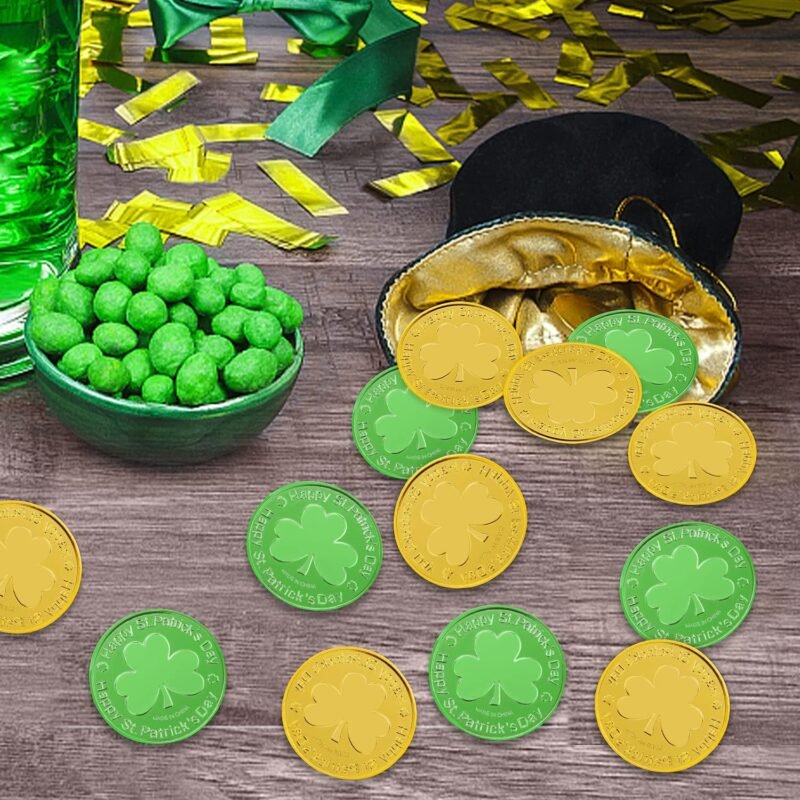 SpinLaLa St. Patrick's Day Gold Coins - 100 Pieces Gold Green Lucky Coins Plastic Shamrock Leprechaun Coins, 3-Leaf Clover Coin for Party Decoration Favors - Image 7