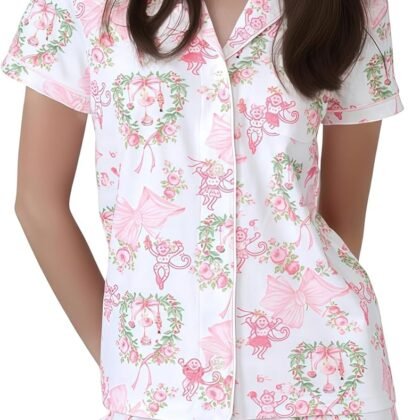 Womens Pajamas Set Shorts Button Down 2 Piece Monkey Bunny Y2k Roller Dupes Rabbit Preppy Lounge Pjs Comfy Sleep Wear