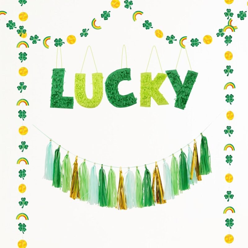 Cheerland St Patricks Day Decorations St Patrick Party Decorations Shamrock Decor Banner Hanging Decor Irish Party Decor Clover Garland Taseel Gold Green Party Banner Door Hanging -Pack of 10