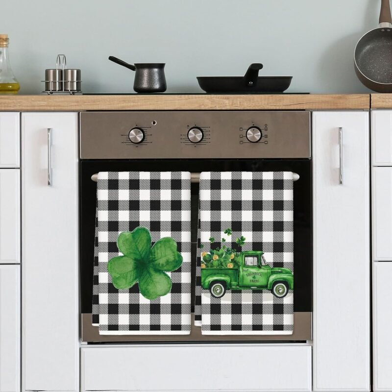 AnyDesign St. Patrick's Day Kitchen Towel Shamrock Clover Truck Dish Towel 18 x 28 Inch Black White Buffalo Plaid Hand Drying Tea Towel for Cooking Baking Party Supplies, 2Pcs - Image 7