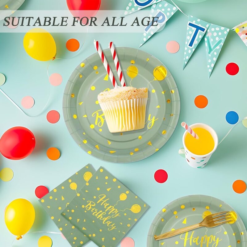 72PCS Happy Birthday Paper Plates - Sage Green and Gold Tableware Set Include 7Inch Paper Plates 6.5 Inch Napkins and 6.3 Inch Forks Disposable Decoration Supplies for Birthday Party,Serve 24 - Image 5