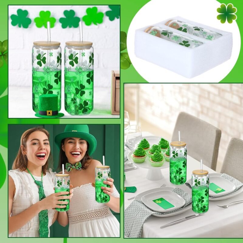 Maxcheck 2 Pcs 20 Oz Ice Coffee Cup Drinking Glasses Cup Beer Glass Iced Coffee Glasses with Bamboo Lids Glass Straw and Cleaning Brushes for Cocktail Beer Soda (St. Patrick's Day) - Image 6