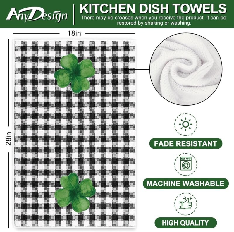 AnyDesign St. Patrick's Day Kitchen Towel Shamrock Clover Truck Dish Towel 18 x 28 Inch Black White Buffalo Plaid Hand Drying Tea Towel for Cooking Baking Party Supplies, 2Pcs - Image 2