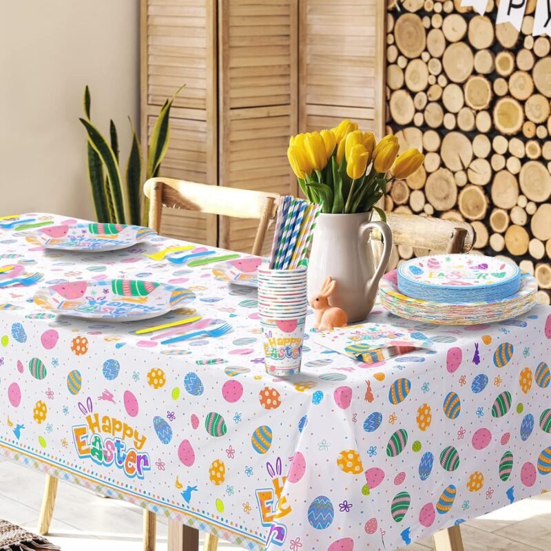 durony 194 Pieces Easter Colorful Tableware Set Dinnerware Bundle Including Paper Plates Cups Napkins Straws Plastic Cutlery Tablecloth for Easter Party Supplies Decorations, Serves 24 Guests - Image 7