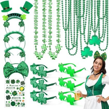 29Pack St Patricks Party Favors of 16pcs Shamrock Beads Necklace Bulk, 6pcs Clover Eyewear Sunglasses, 6pcs Green Hats Headband, 1pc St. Patrick's Day Stickers Party Dressing-up Costume Accessories