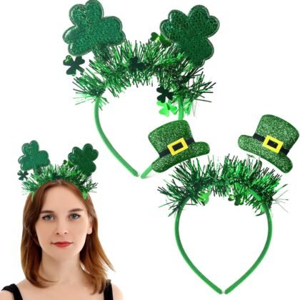 2 Pack St Patricks Day Headbands for Women, Shamrock Headband Leprechaun Hat Hair Band, Green Glitter St. Patrick's Day Headbands Boppers, Saint Patricks Day Costume Accessories for Women