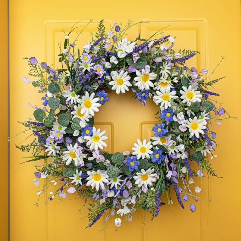 22 Inches Spring Wreaths for Front Door Blue Spring Door Wreath Summer Floral Wreath with Wildflower Lanvender for Wall Porch Indoors Outdoor Window Home Decorations - Image 4