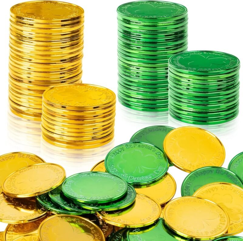 St Patrick's Day Decorations Plastic Gold Coins, 120 Pieces Shamrock Lucky Coins for St Patricks Day Decorations Favors
