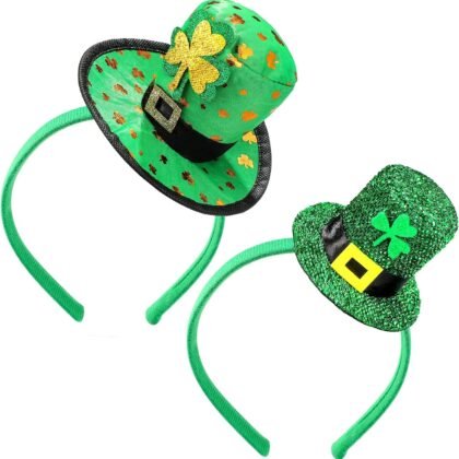 MTLEE 2 Pieces St. Patrick's Day Headband Green Top Hat Headband Irish Sequin Shamrock Leprechaun Hat Headband Saint Patty's Day Accessories for Women Costume