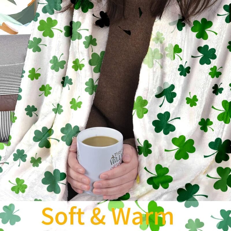 JOOCAR Flannel Throw Blanket St Patricks Day Lucky Spring Green Clover Shamrock Cozy&Soft Plush Blankets for Bed Couch Living Room Sofa Chair - Image 2