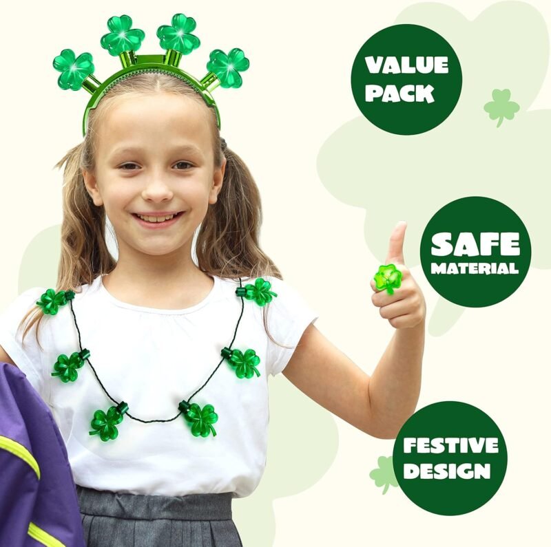 JOYIN 15 Pack St Patrick's Day Plastic Light Up LED Shamrock Necklace Headband Bracelet Rings Set, Green Irish Clover Shamrock Accessories for St. Patrick's Day Party Costume Favors Supplies - Image 3