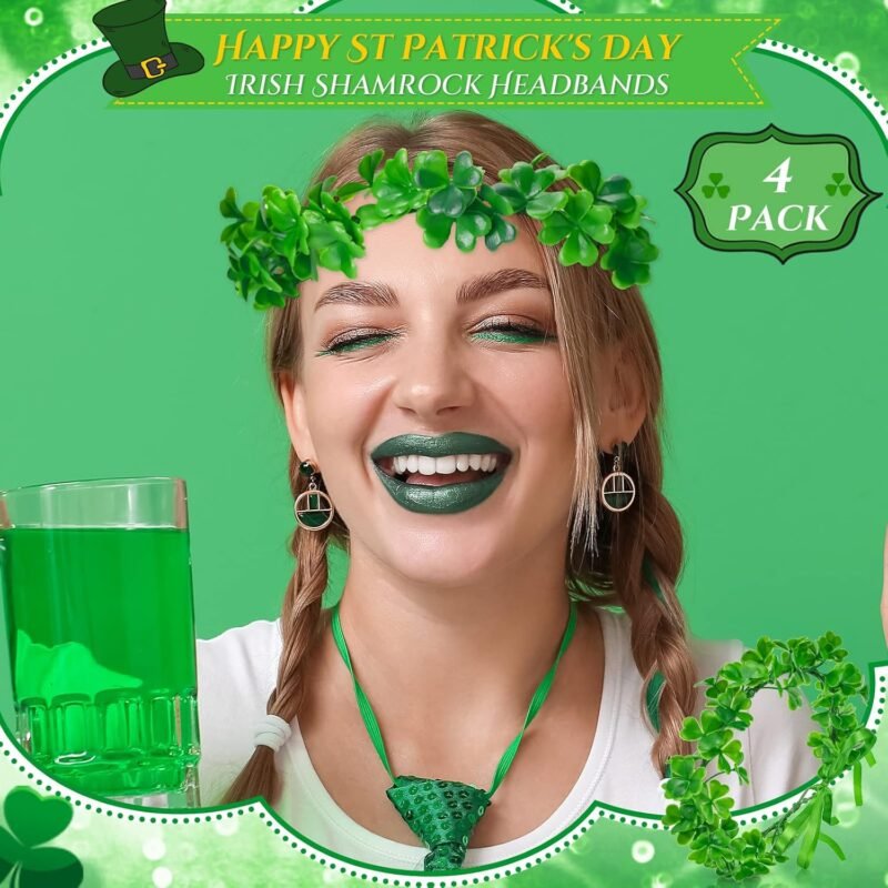 4 Pcs St Patrick's Day Headbands Irish Shamrock Crown Green Garland Clover Fairy Headpiece St. Patrick's Day Accessories for Women Girls Party Supplies - Image 3