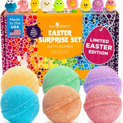 Easter Bath Bombs for Kids with Surprise Toys Inside (6 Pack) - Easter Basket Stuffers for Boys and Girls - Large Spring Bubble Bomb, USA Made, Incredible Fragrances & Colors by Two Sisters