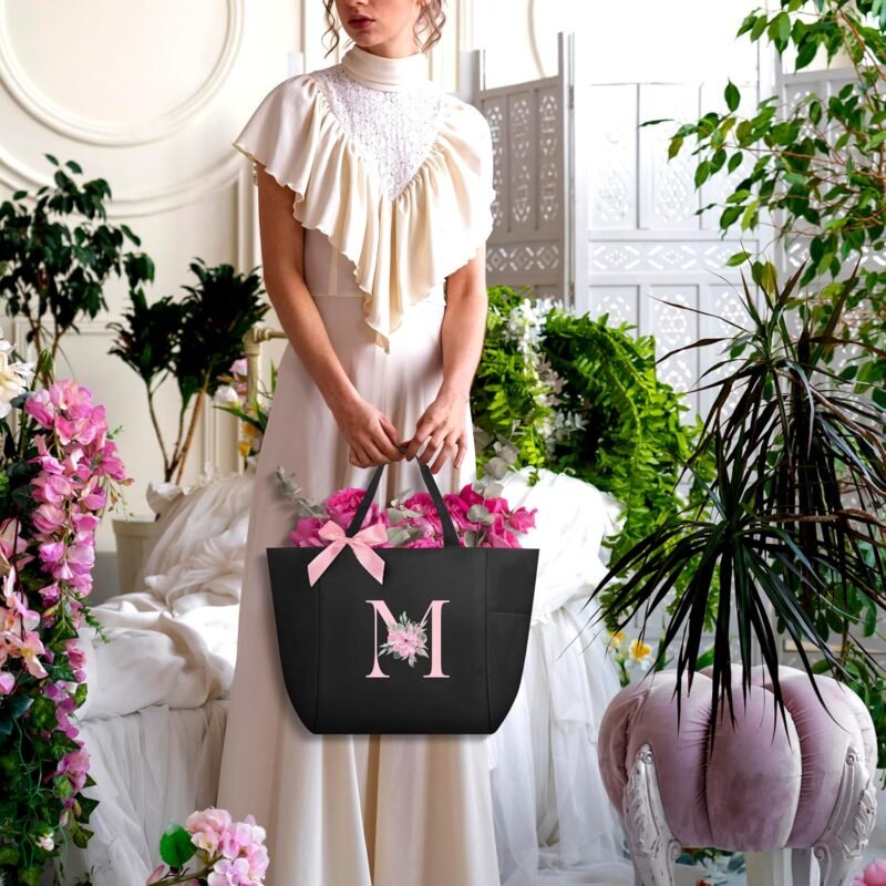 Vavabox Tote Bag, A-Z Initial Monogrammed Waterproof Tote Bag, Bridesmaid Gifts for Women, Black and Pink - Image 2