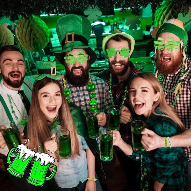 50 Pcs St. Patricks Day Accessories, Dressing-up St. Patricks Day Supplies Set with Green Shamrock Glasses, Shamrock Necklaces, Rubber Bracelets, St. Patricks Day Decorations Party Favors - Image 5