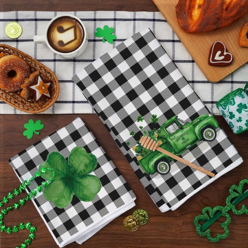 AnyDesign St. Patrick's Day Kitchen Towel Shamrock Clover Truck Dish Towel 18 x 28 Inch Black White Buffalo Plaid Hand Drying Tea Towel for Cooking Baking Party Supplies, 2Pcs - Image 4