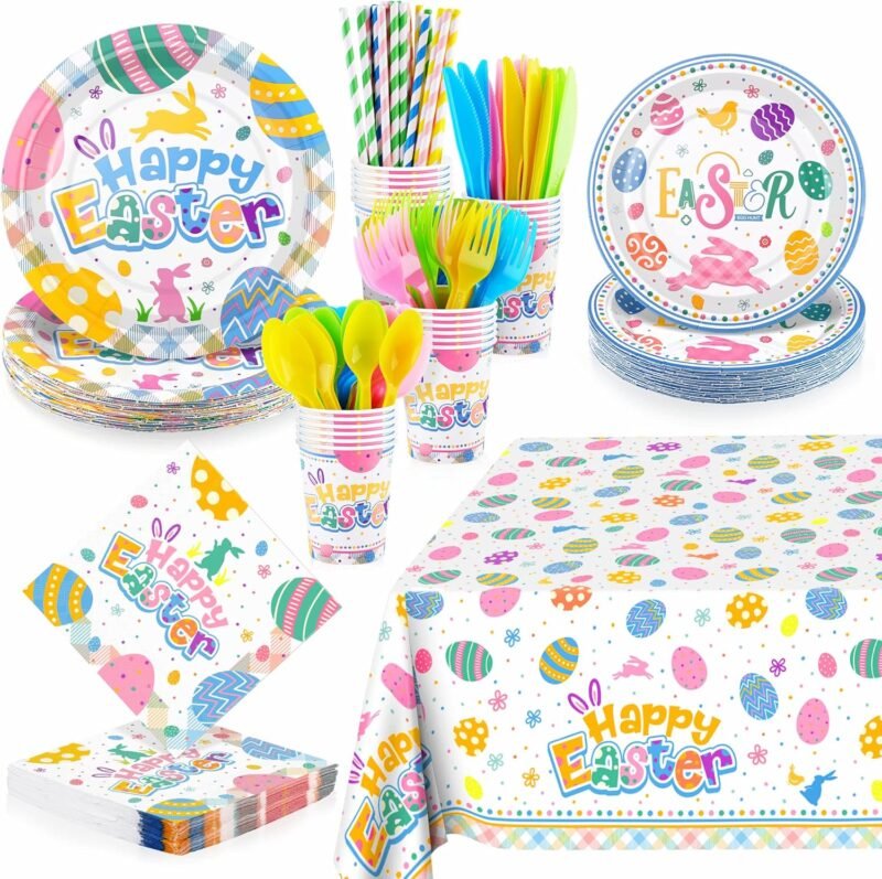 durony 194 Pieces Easter Colorful Tableware Set Dinnerware Bundle Including Paper Plates Cups Napkins Straws Plastic Cutlery Tablecloth for Easter Party Supplies Decorations, Serves 24 Guests