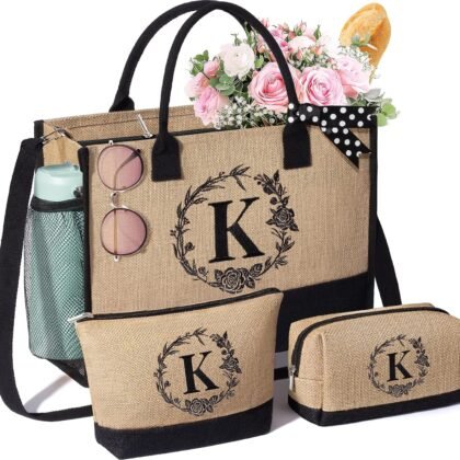 Personalized Gifts for Women Tote Bag, Initial Jute Tote Bag & Makeup Bags Monogrammed Beach Bag w/ Zipper, Birthday Gifts Mothers Day Gifts for Mom Women Her Friend Sister Wife Grandma Teacher Nurse