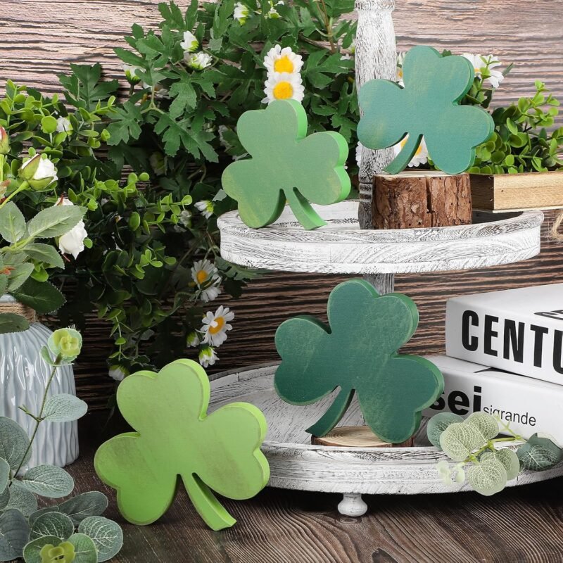 Shamrock St Patricks Day Decorations, Wooden St. Patrick's Day Tiered Tray Decor Set of 4, Green Clover Saint Patrick Day Table Top Decoration for Home, Shelf, Door, Office Party (Retro) - Image 3