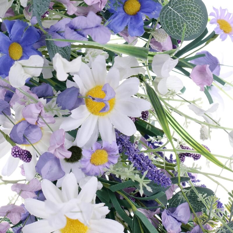 22 Inches Spring Wreaths for Front Door Blue Spring Door Wreath Summer Floral Wreath with Wildflower Lanvender for Wall Porch Indoors Outdoor Window Home Decorations - Image 9