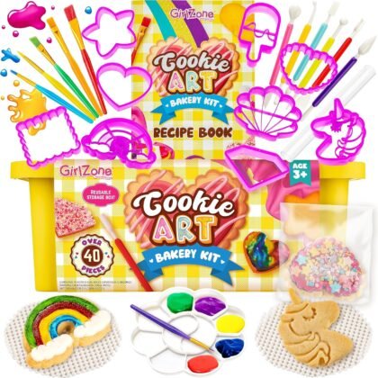 GirlZone Cookie Art Bakery Kit, Decorate Cookies Using Sugar Cookie Decorating Supplies with Stencils, Brushes and Cutters, Fun Cookie Decorating Kit and Cookie Gift Idea