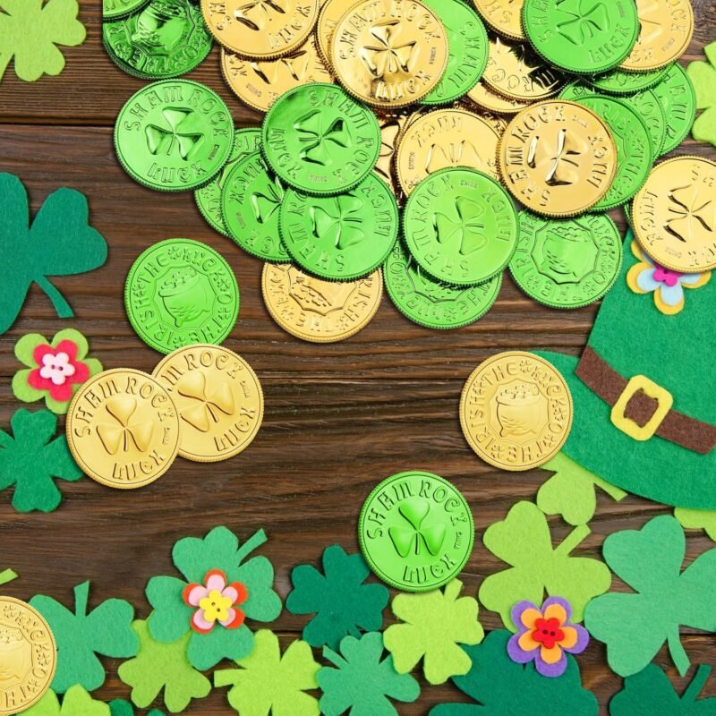 Apeso St. Patrick's Day Gold Coins - 120 Pieces Shamrock Plastic Lucky Coins in Green & Gold, Perfect for St. Patrick's Day Party Decorations, Birthday Crafts, Table Decorations & Party Favors - Image 6