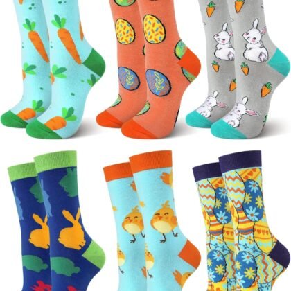 Jenaai 6 Pairs Easter Socks for Adult Print Easter Crew Socks Novelty Rabbit Carrot Egg Chick Pattern Socks for Easter Party Gift